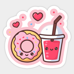 Kawaii Donut and Strawberry Drink with Hearts | Cute Food Art in Kawaii Style Sticker